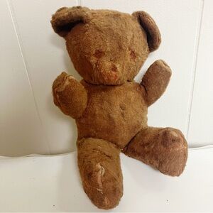 Vintage Stuffed Brown Teddy Bear Faceless Tattered Repair Collector 12” L X 5” W